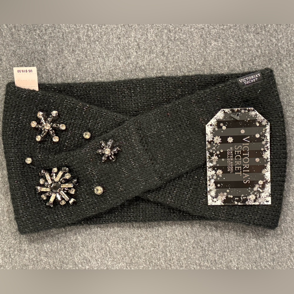 Victoria's Secret Black Knit Headband with Sparkling Snowflakes